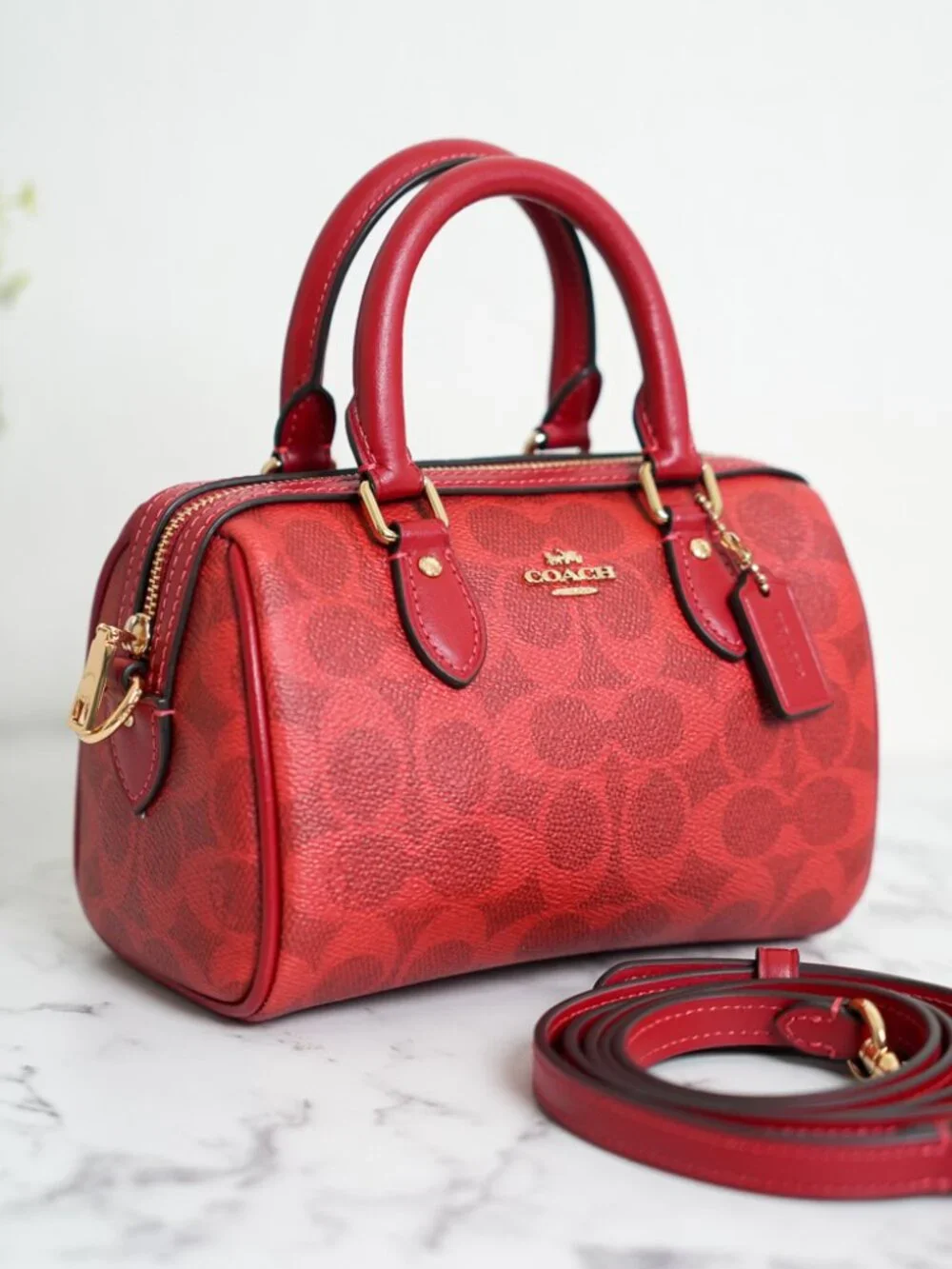 Coach CEY63 Mini Rowan Crossbody Bag In Signature Canvas Gold/Crimson NWT